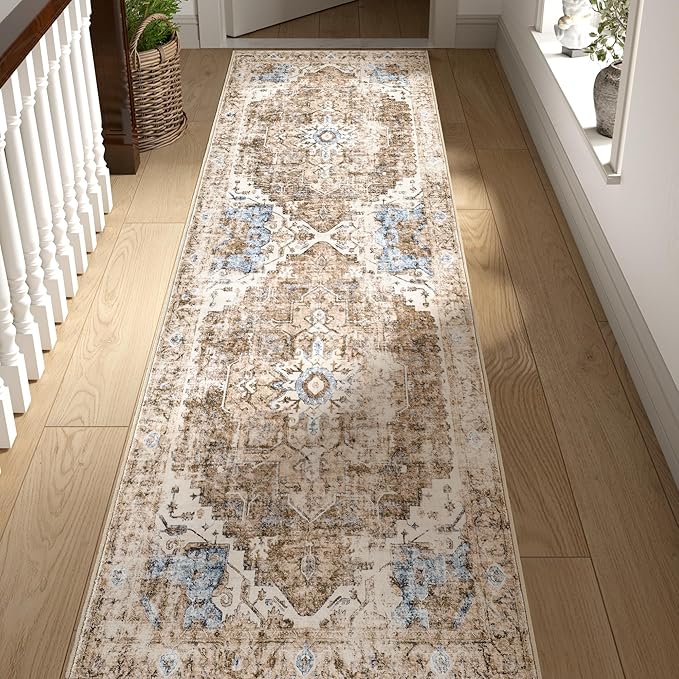 jinchan Kelda Runner Rug 3x7 Washable Rug Soft Hallway Runner Indoor Vintage Print Floor Cover Retro Distressed Lightweight Non-Slip Thin Carpet for Bathroom Kitchen Living Room Bedroom Brick Red