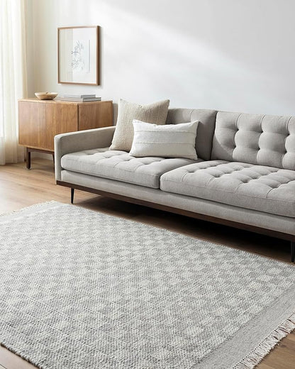 Mark&Day Wool Rugs, 9x12 Clinten Solid and Border Ivory Checkered Rug, Ivory Carpet for Living Room, Bedroom or Kitchen (8'10" x 12')