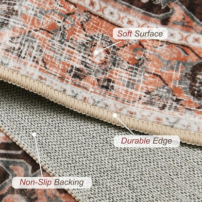 XWZO Runner Rug 2x6ft, Washable Hallway Runner with Non-Slip Backing, Vintage Spill Stain Resistant Floor Mat for Entryway Corridor Bedroom Kitchen, Soft Low-Pile Area Carpet, Brick Red
