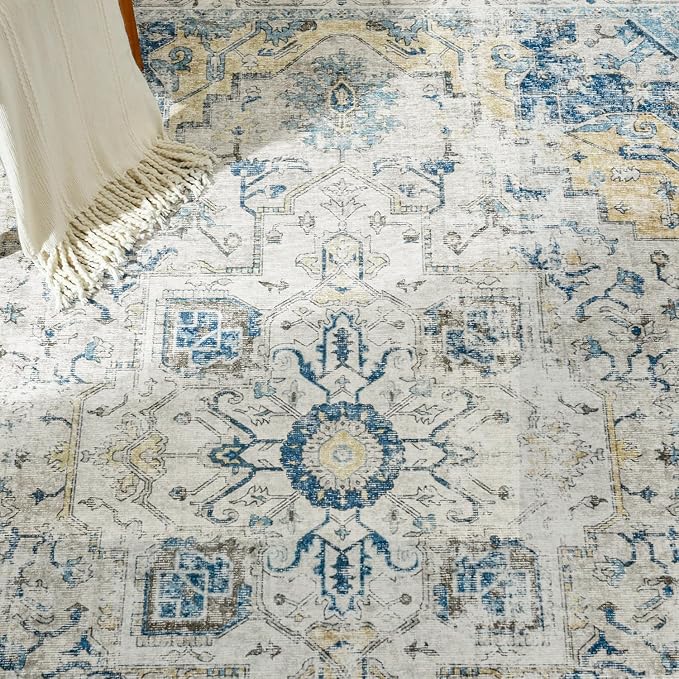 jinchan Kelda Area Rug 6x9 Washable Living Room Rug Vintage Indoor Large Floor Cover Distressed Lightweight Non-Slip Low Pile Thin Mat Accent Stain Resistant Carpet for Bedroom Office Light Blue