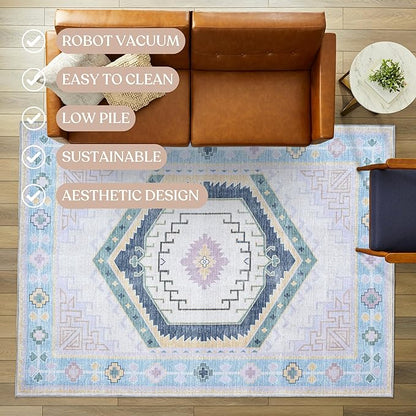 Fame Living Washable Area Rug. Modern Farmhouse. Vintage. Turkish. Bohemian. Distressed. Oriental. Traditional. Rugs for Living Room. Dining. Bedroom. Office. Entryway. Foyer. (856PBl, 2' x 3')
