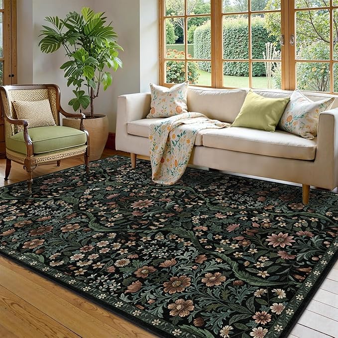 Floral Washable 6x9 Area Rug，Black Boho Rugs for Living Room, Soft Low-Pile Non-Slip Stain Resistant & Non-Shedding Carpet for Bedroom, Dining Room, Office, Entryway, Nursery