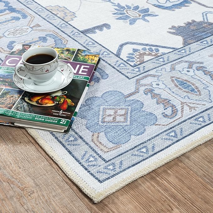 Fame Living Cream Blue Oushak Rug, Modern, Vintage, Turkish, Eclectic, Floral, Pastel, Washable, Oversized, Extra Large Area Rugs for Living Room, Dining, Bedroom, Lounge 9'5"x14'