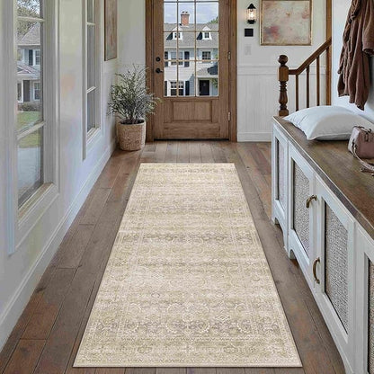 HUGEAR 2x6 Washable Area Rug Beige Runner Rug Vintage Neutral Non Slip Soft Distressed Carpet Low Pile Pet Friendly for Bathroom Kitchen Hallway Porch Foyer