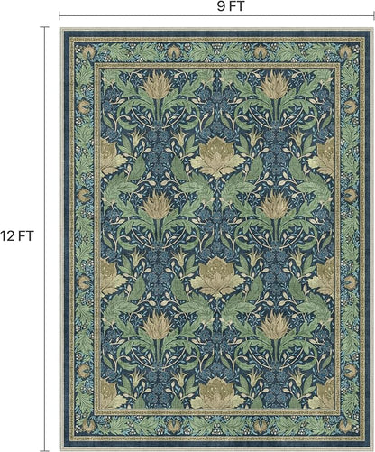Bavni 9x12 Area Rugs, Floral Machine Washable Rugs for Living Room, Dinning Room, Bedroom, Non Slip Aesthetic Vintage Low Pile Durable Lightweight Farmhouse Rug, Tea Green/Blue
