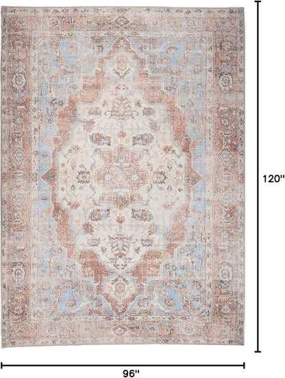GLN Rugs Traditional Collection - Machine Washable Area Rug, Traditional Washable, Non Slip, Low Pile Chenille Rug, Living Room, Bedroom, Kitchen Rug (8' x 10' Brown/Blue)