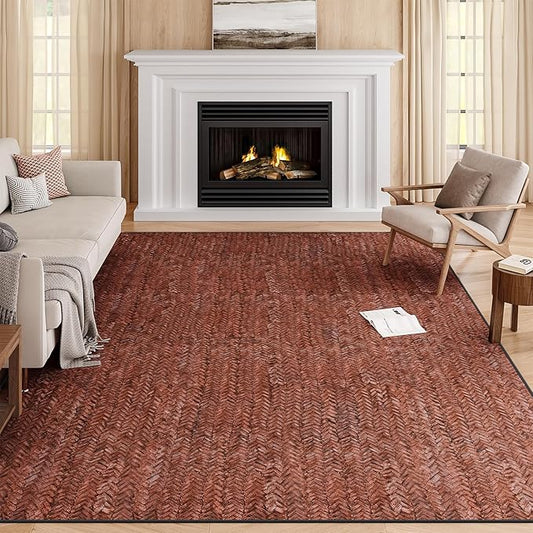 Eleisa Modern Vintage 5x7 Herringbone Chevron Area Rug for Living Room, Wine & Red, Non-Slip Stain Resistant Washable Rug, Farmhouse Home Decor Carpet for Bedroom, Kitchen, Dining Room