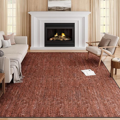 Eleisa Modern Vintage 10x14 Herringbone Chevron Area Rug, Non-Slip Stain Resistant Washable Rug, Wine & Red Large Rug for Living Room, Farmhouse Carpet for Bedroom, Kitchen, Dining Room, Home Office