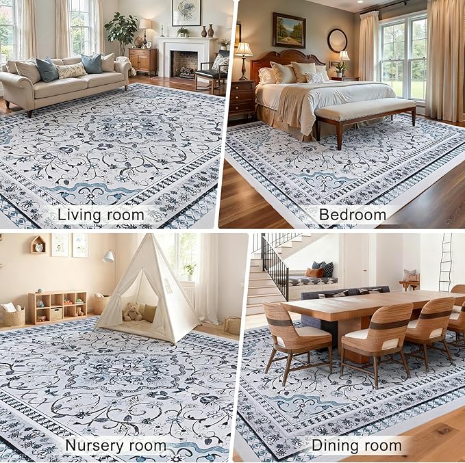 Luxury 8' x 10' Green Washable Area Rugs, Boho Low Pile Easy Clean Non-Slip Rug, Floral Medallion Pattern Vintage Rugs for Living Room, Dinning Room, Office, Bedroom, Bathroom, Laundry Room, Farmhouse