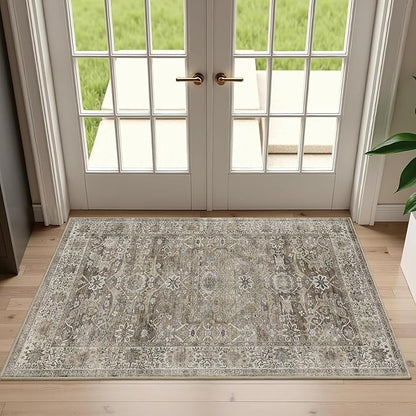 2x3 Entryway Rug Brown Grey Washable Vintage Rugs for Entryway Kitchen Low Pile Non-Slip Door Mat Traditional Distressed Small Throw Carpet for Kitchen Entrance Bathroom Antique/Moss