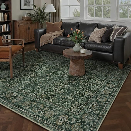 HUGEAR 5x7 Machine Washable Rugs Dark Green Hallway Area Rug Indoor Accent Rug Floral Low Pile Carpet Soft Throw Aesthetic Rug Bedroom Living Room Office Dining Room Kitchen Laundry Room Non Slip