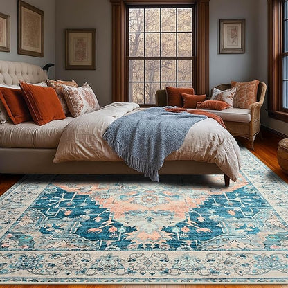 YJ.GWL Area Rugs for Living Room 5x7 Machine Washable Rugs, Non Slip Floral Vintage Rug Indoor Carpet, Stain Resistant Large Rug for Bedroom Dining Room, Dark Blue