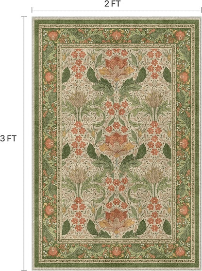Bavni 2x3 Area Rugs, Floral Machine Washable Rugs for Living Room, Dinning Room, Bedroom, Non Slip Aesthetic Vintage Low Pile Durable Lightweight Farmhouse Rug, Sage Green & Burnt Orange