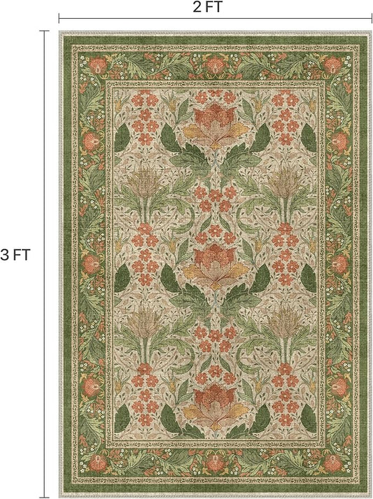 Bavni 2x3 Area Rugs, Floral Machine Washable Rugs for Living Room, Dinning Room, Bedroom, Non Slip Aesthetic Vintage Low Pile Durable Lightweight Farmhouse Rug, Sage Green & Burnt Orange