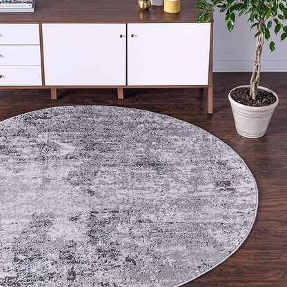 Rugs.com Leipzig Collection Round Rug – 6 Ft Round Grey Low-Pile Rug Perfect for Kitchens, Dining Rooms
