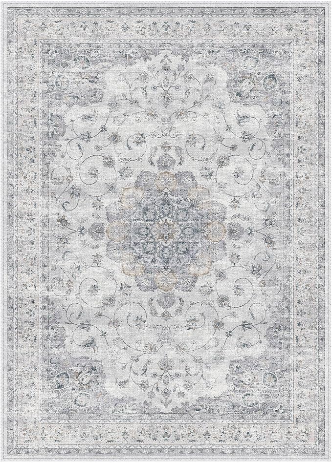 HUGEAR Machine Washable Area Rugs 9x12 Vintage Blue Large Living Room Bedroom Rug Neutral Style Non Slip Stain Resistant Low Pile Throw Carpet for Home Retro Aesthetic Modern Decor
