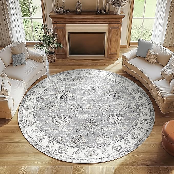 jinchan Fiora Round Rug 7ft Area Rugs - Vintage Floral Distressed Design Machine Washable Non-Slip Low-Pile Ultra-Thin Circle Rug for Living Room Dining Room Bedroom Farmhouse (7' Round, Grey)