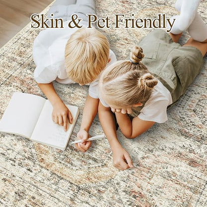 5x7 Area Rugs Brown Pink Low Pile Indoor Washable Trendy Faded Style Rugs for Bedroom Living Room Dining Room Foldable Non-Slip Thin Print Mat