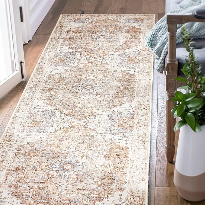 jinchan Kelda Runner Rug 2x5 Hallway Rug Washable Runner Vintage Mat Retro Print Lightweight Non-Slip Accent Floor Cover Distressed Thin Carpet for Entryway Bathroom Bedroom Laundry Room Brick Red
