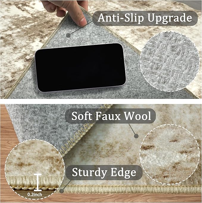 2x3 Machine Washable Area Rug for Entryway, Brown Modern Vintage Abstract Rug Non-Slip Low Pile Soft Faux Wool Small Carpet, Kids and Pets Friendly for Bedroom Kitchen Hallway Home Decor Rug