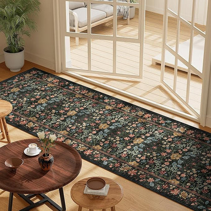DOKINO 2x10 Runner Rug for Hallway, Vintage Washable Long Kitchen Rug with Low Pile Design, Floral Non Slip Soft Carpet Runner for Hallway, Kitchen, Bathroom, Bedroom, Black