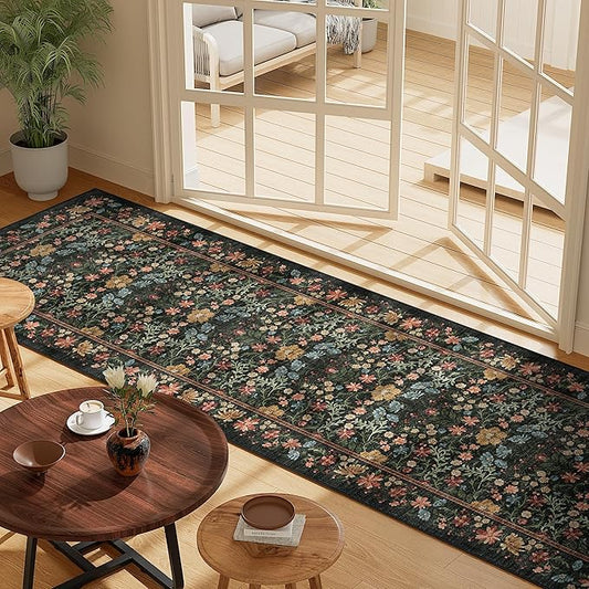 DOKINO 2x10 Runner Rug for Hallway, Vintage Washable Long Kitchen Rug with Low Pile Design, Floral Non Slip Soft Carpet Runner for Hallway, Kitchen, Bathroom, Bedroom, Black