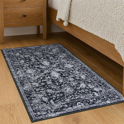 KILOCOCO Small Area Rug 2x3 Entryway Rugs Printed Vintage Moroccan Floral Washable Rug Non-Slip Kitchen Rug Indoor Door Mat, Accent Throw Small Rugs for Laundry Room Bedroom Entrance, Black/Navy/White
