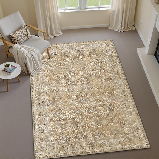HUGEAR 4x6 Machine Washable Rugs Brown Beige Hallway Area Rug Indoor Accent Rug Floral Low Pile Carpet Soft Throw Rug Bedroom Living Room Office Dining Room Kitchen Laundry Room Non Slip
