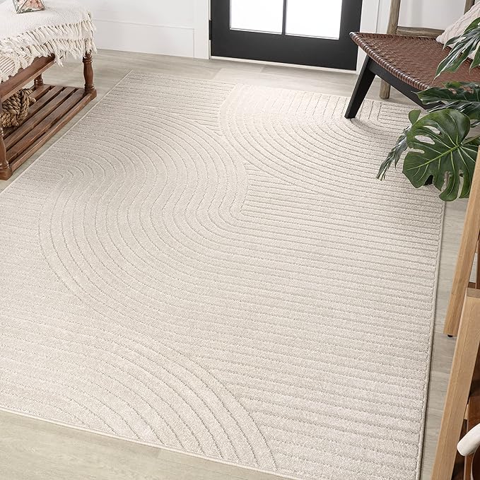 JONATHAN Y Hallie High-Low Curve Ivory/Cream Indoor/Outdoor Area Rug, 12x18, Minimalist, Pet Friendly, Non-Shedding, Stain Resistant, Hose-Washable for Backyard, Patio, Porch (SCN100B-18)