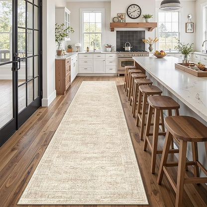 Runner Rug 2'6" x 12' Washable Non-Slip Runner Rugs for Kitchen Bathroom Laundry Room Vintage Ultra Thin Runners for Hallway Entryway Beige