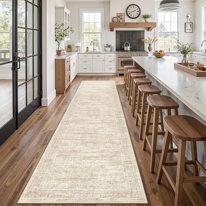 Runner Rug 2'6" x 14' Washable Non-Slip Runner Rugs for Kitchen Bathroom Laundry Room Vintage Ultra Thin Runners for Hallway Entryway Beige