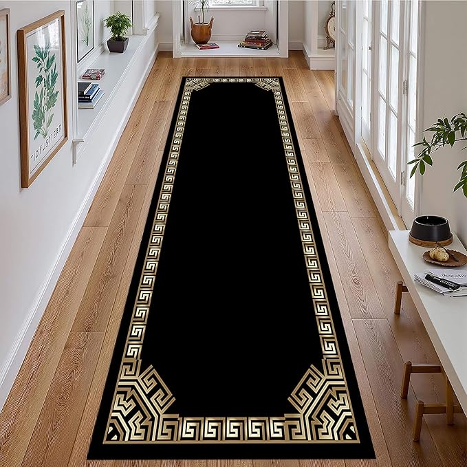 Greek Key Runner Rugs, 2x8ft, Vintage Traditional Tribal Black and Gold Color Stain Resistant Long Rug Runners, Entryways Non Slip Washable Sturdy Room Decor Mat for Kitchen Bedroom