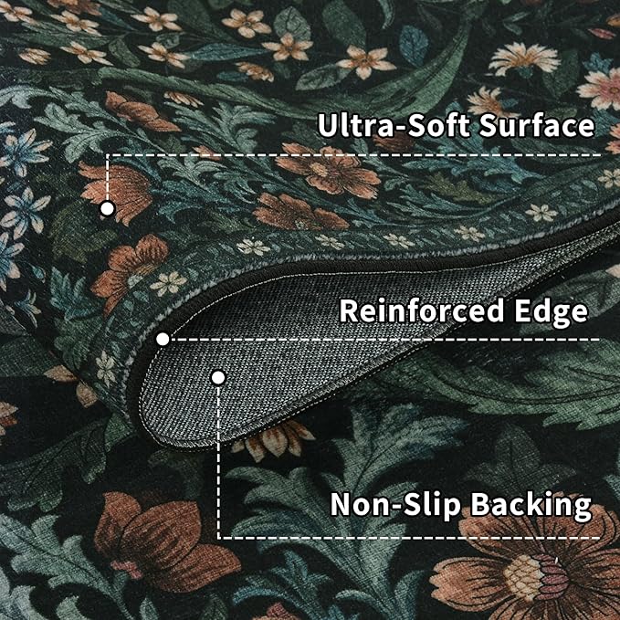 Floral Washable 6x9 Area Rug，Black Boho Rugs for Living Room, Soft Low-Pile Non-Slip Stain Resistant & Non-Shedding Carpet for Bedroom, Dining Room, Office, Entryway, Nursery