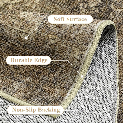 Vintage Area Rug 6x9 Washable Brown Living Room Carpet Large Indoor Non Slip Bedroom Low Pile Kitchen Distressed Retro Accent Throw Rug for Dining Room