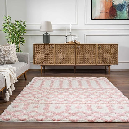 Hauteloom Tilos Moroccan Farmhouse Hallway, Entryway Shag Runner Rug - Shaggy Long Runner Rug - Trellis Pattern - High Plush Pile - Cream, Pink, Beige - 2'7" x 7'3"