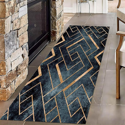 Navy Blue Gold Geometric Rug Runners for Hallways, 2x7ft, Modern Gold Line Indoor Carpet, Minimalist Art Durable Fade Resistant Rugs, Anti-Skid High Traffic Rugs for Kitchen LaundryRoom