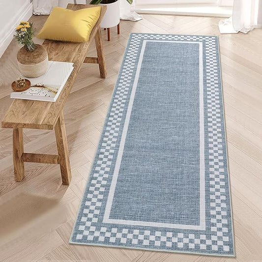 Rug Runners for Hallways 2x8 Washable Kitchen Runner Rug Non Slip Low Pile Bedside Throw Carpet Modern Bordered Bathroom Runners Checkered Area Rug for Living Room Bedroom Entryway Nursery, Blue