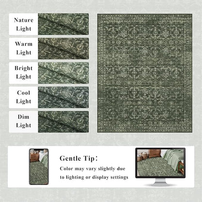 Washable Area Rug 8x10 Green Rugs for Living Room, Vintage Boho Large Rug for Bedroom Dining Room Office, Distressed Floral Print Carpet for Under Table, Soft Non Slip Low Pile Throw Carpet Indoor Mat