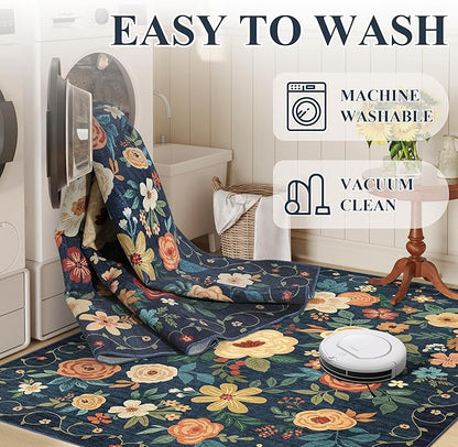 DUKINO 3x10 Runner Rug for Hallway, Washable Kitchen Floral Runner Rug with Non Slip Backing, Low Pile Soft Boho Carpet for Kitchen, Hallway, Entryway, Laundry, Bedroom, Navy Blue