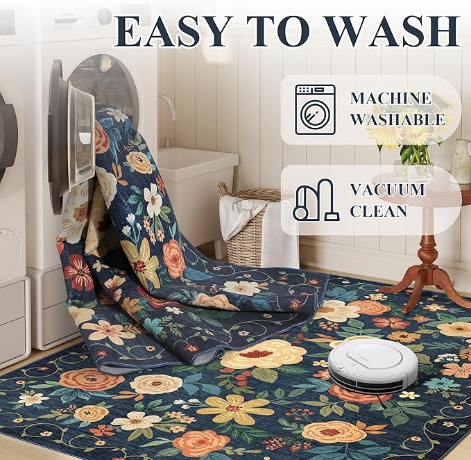 DUKINO 4x6 Area Rug, Lightweight Non Slip Washable Floral Rug, Indoor Low Pile & Non-Shedding Boho Design Rugs for Bedroom, Living Room, Dining Room, Dark Blue