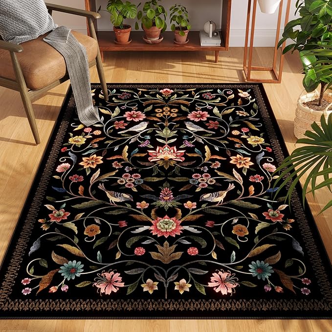 Vintage Medallion Floral 4x6 Rug, Machine Washable Non-Slip Area Rug, Low Pile Soft Carpet for Entry, Living Room, Office, Kids, Girl/Boys Room | Black