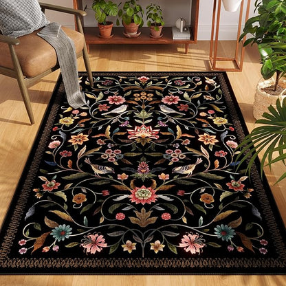 Vintage Medallion Floral 4x6 Rug, Machine Washable Non-Slip Area Rug, Low Pile Soft Carpet for Entry, Living Room, Office, Kids, Girl/Boys Room | Black