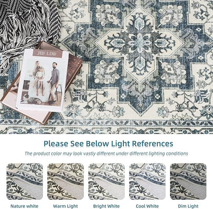 Dripex Vintage Washable Area Rug - 5x8 Distressed Rugs for Living Room Bedroom Oriental Medallion Floral Print Carpet Low-Pile Indoor Soft Non-Slip Accent Rug Farmhouse Office Home Decor