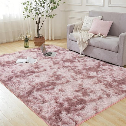 Andency Soft Area Rugs for Living Room Bedroom, 3x5 Non-Slip Fluffy Shag Carpet, Indoor Floor Fuzzy Shaggy Living Room Plush Rug for Kids Dorm Nursery Home Decor Aesthetic, Tie-Dyed Dusty Pink