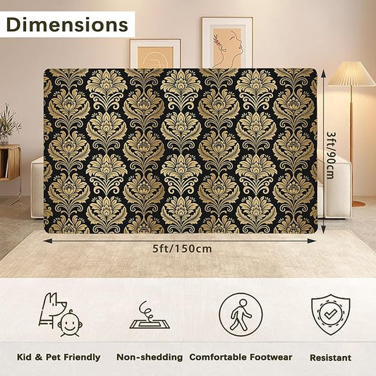 Black Damask Flower Golden Carpet for Living Room, 3x5 Non-Slip Washable Low Pile Abstract Design Rug, Space Saving Area Rug for Bedroom, Dining Room