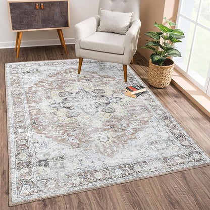 Bloom Rugs Washable Non-Slip 4' x 6' Rug - Blush/Beige Traditional Medallion Area Rug for Living Room, Bedroom, Dining Room, and Kitchen - Exact Size: 4' x 6'