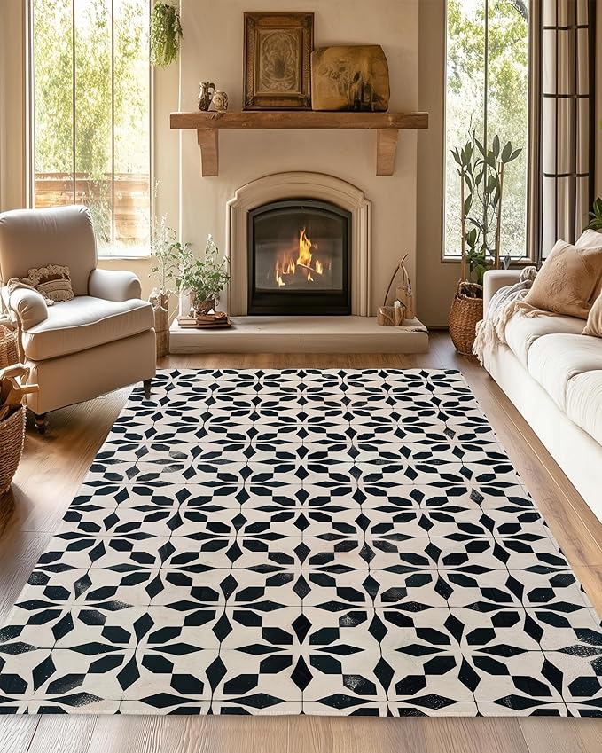 Black Beige Vintage Washable 5x7 Area Rugs for Living Room, Thin Low Pile Contemporary Carpet, Non-Slip Base Lightweight Rug