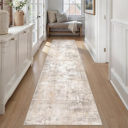 3x12 Washable Runner Rug Beige Grey Abstract Hallway Kitchen Throw Rug Neutral Modern Non Slip Soft Low Pile Carpet for Bathroom Laundry Bedroom Living Room