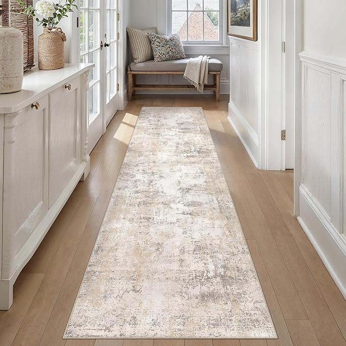 2x14 Washable Runner Rug Beige Grey Abstract Hallway Kitchen Throw Rug Neutral Modern Non Slip Soft Low Pile Carpet for Bathroom Laundry Bedroom Living Room