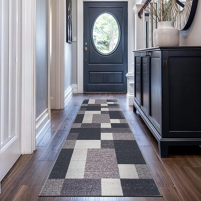 Rugshop Modern Boxes Design Non-Slip (Non-Skid) Runner Rug 2' x 10' Gray
